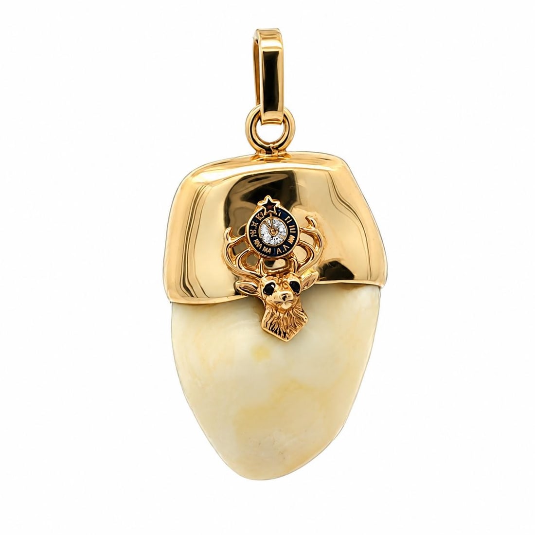 Elk Tooth Lodge Pendant in 14k Yellow Gold Blue White Enamel: Elk Tooth Lodge Pendant in 14k Yellow Gold Blue White Enamel Antique lodge pendant crafted in solid 14k yellow gold and set with one natural genuine elk tooth. This collectible piece features blue and