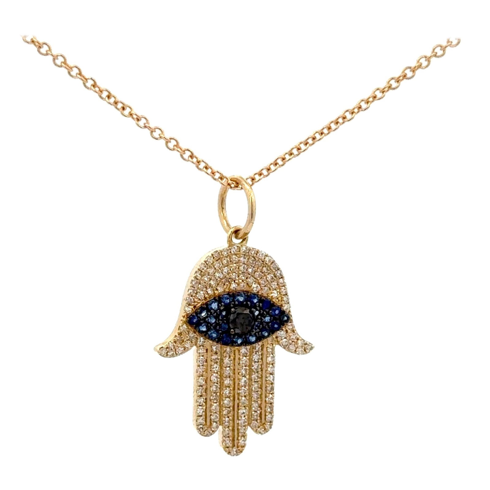 Chamsa Evil Eye Pendant 14K Yellow Gold Diamond Sapphire 0.56 Carats: Chamsa Evil Eye Pendant 14K Yellow Gold Diamond Sapphire 0.56 Carats This exquisite Chamsa Evil Eye charm pendant is a unique blend of contemporary design and spiritual symbolism. Crafted from 14 kara