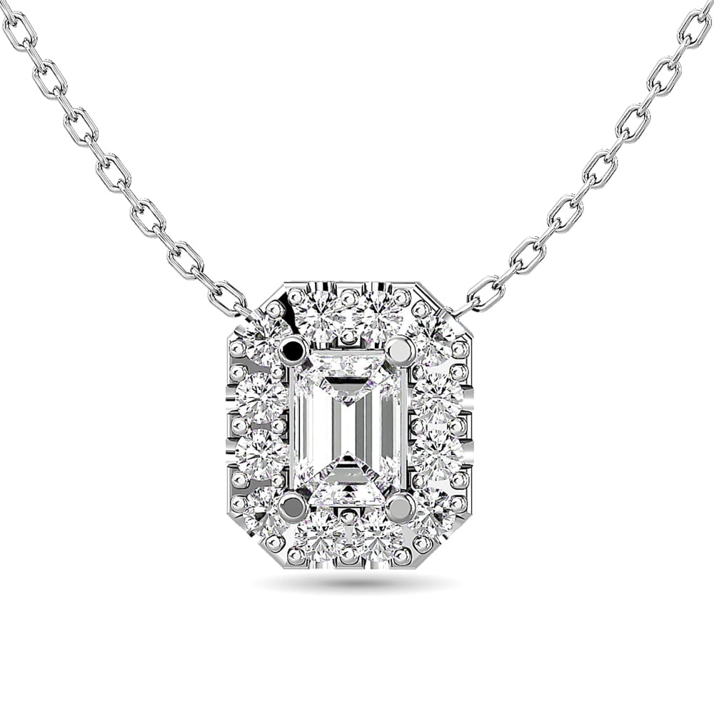 Diamond Emerald Cut Single Halo Pendant 1/4 Ct.tw in 14K White Gold: Diamond Emerald Cut Single Halo Pendant 1/4 Ct.tw in 14K White Gold Diamond Emerald Cut Single Halo Pendant 1/4 Ct.Tw. in 14K White Gold (1/6Ct.Tw. Centre) 14k White Gold Stone Color: Gh Stone Clarity