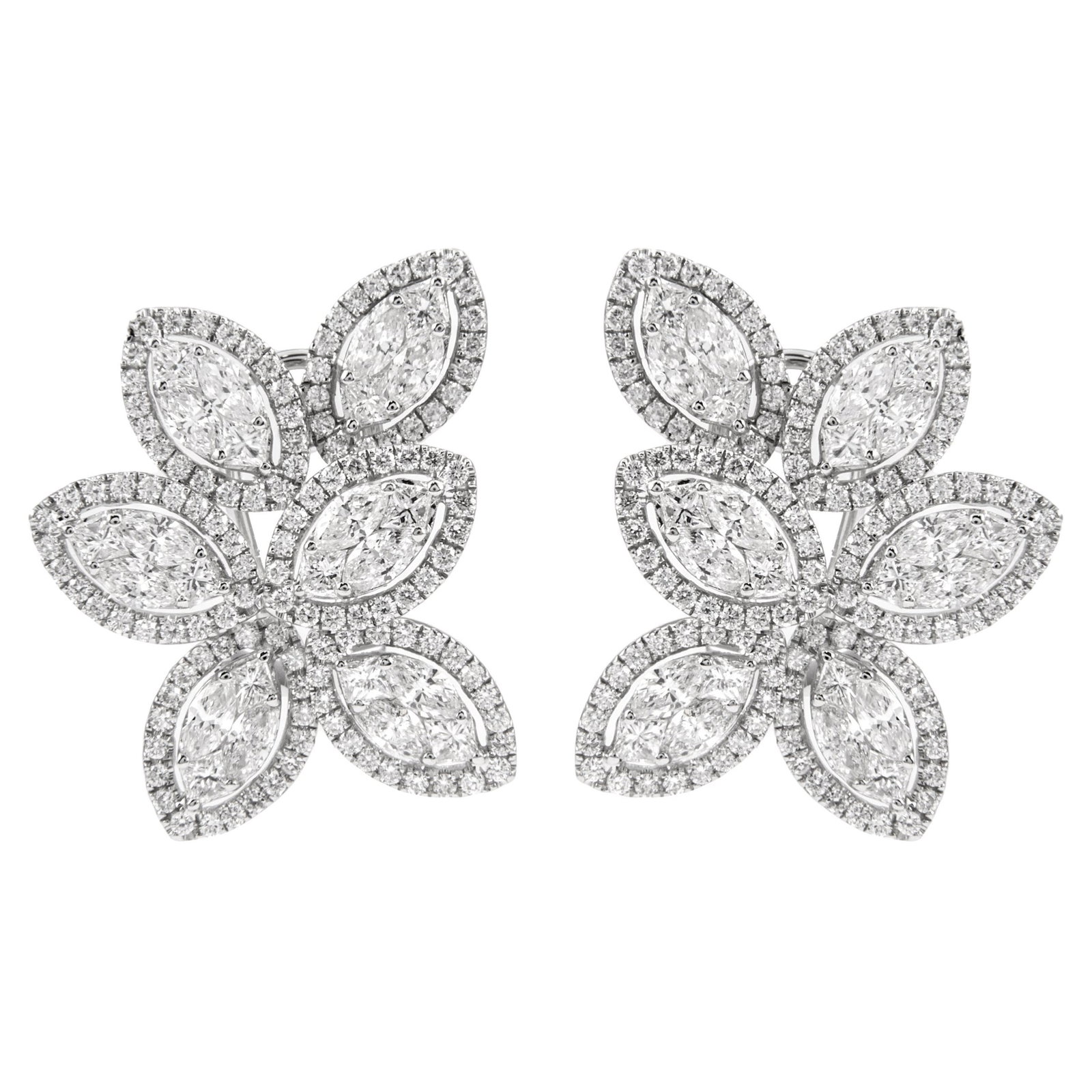 Diamond Cluster Earrings 5.53ct 18k White Gold: Diamond Cluster Earrings 5.53ct 18k White Gold A pair of illusion set cluster diamond earrings crafted in 18k white gold. The design features round brilliant, marquise, and princess cut white diamonds