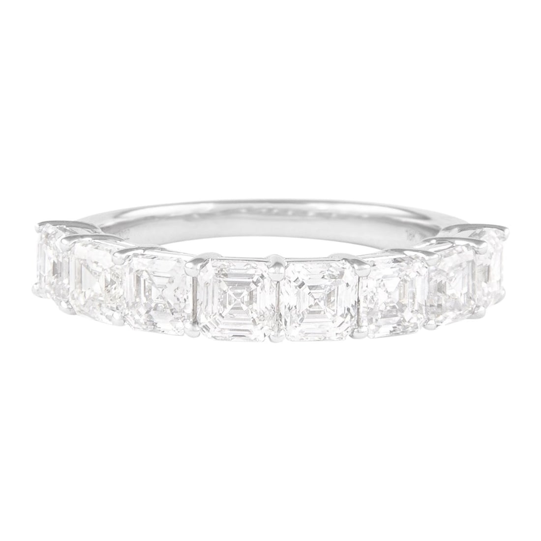18k White Gold Half Eternity Ring 2.55ct Asscher Diamond: 18k White Gold Half Eternity Ring 2.55ct Asscher Diamond Asscher cut diamond half eternity band set with 8 diamonds totaling 2.55 ct. The diamonds are graded D/E color and VVS clarity in an 18k white 