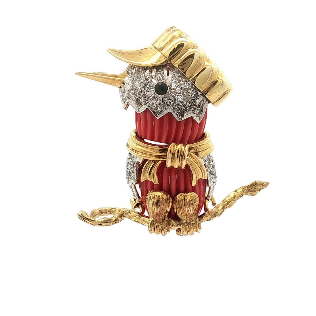 14k Yellow Gold Bird Brooch with Carved Coral and Diamonds: 14k Yellow Gold Bird Brooch with Carved Coral and Diamonds Vintage brooch featuring a carved coral bird motif with diamond detailing, a dark blue gemstone eye, and a hat and scarf design. Crafted in s