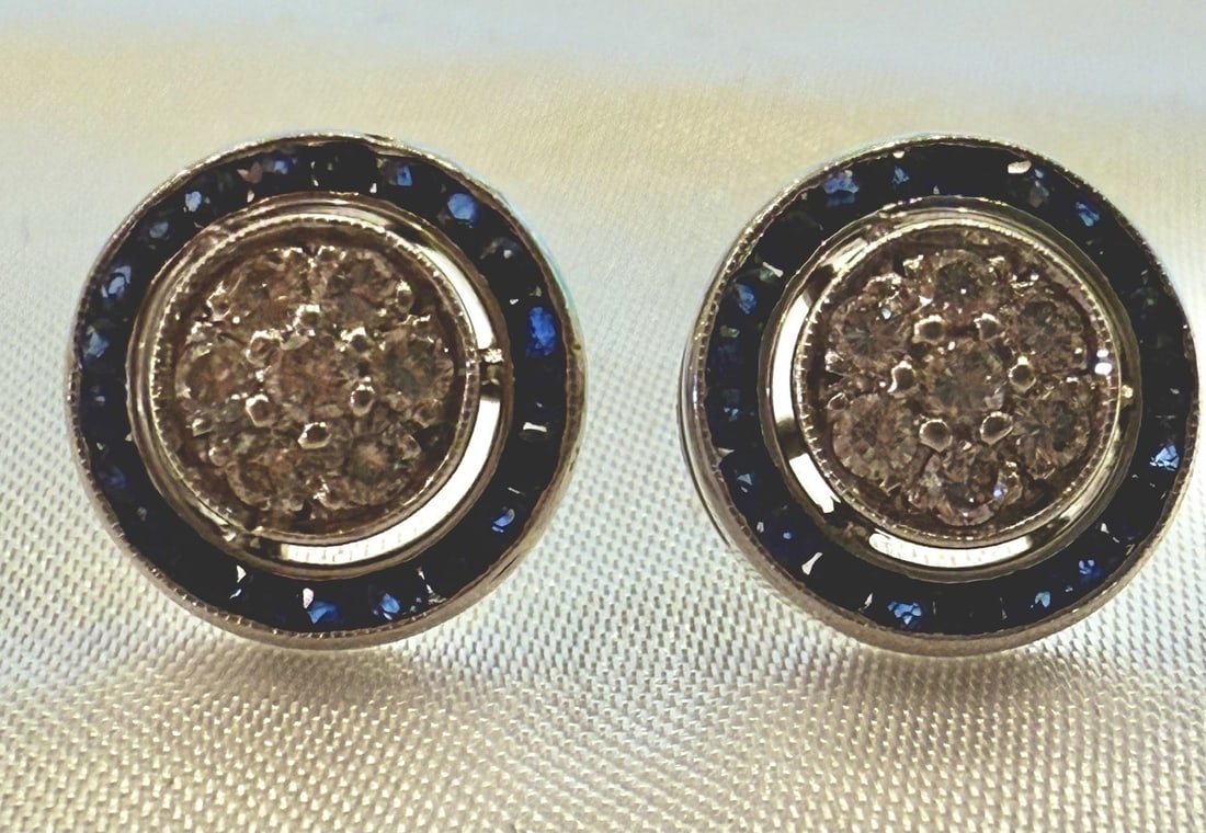 Pair of 14K White Gold Stud Earrings with Diamond and Sapphire (1 of 4)