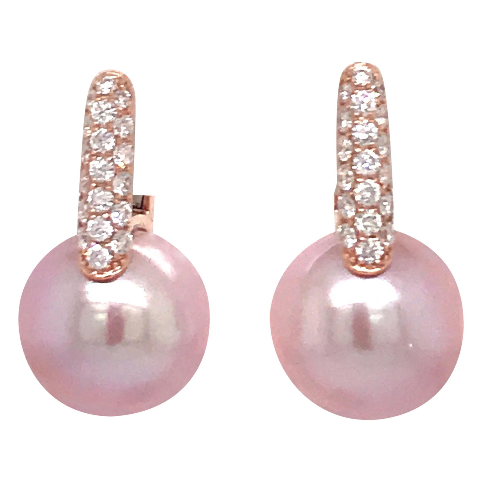 18K Rose Gold Drop Earrings with Pink Freshwater Pearls and 0.61 Carat Diamonds: 18K Rose Gold Drop Earrings with Pink Freshwater Pearls and 0.61 Carat Diamonds Contemporary drop earrings crafted in 18K rose gold, featuring two pink freshwater pearls accented by 38 round brilliant