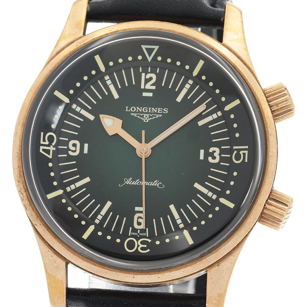 Longines Legend Diver mens automatic wristwatch ref L3.774.1 bronze titanium: Longines Legend Diver mens automatic wristwatch ref L3.774.1 bronze titanium Longines Legend Diver automatic men's wristwatch with a green dial and a bronze/titanium case. It features a leather strap 