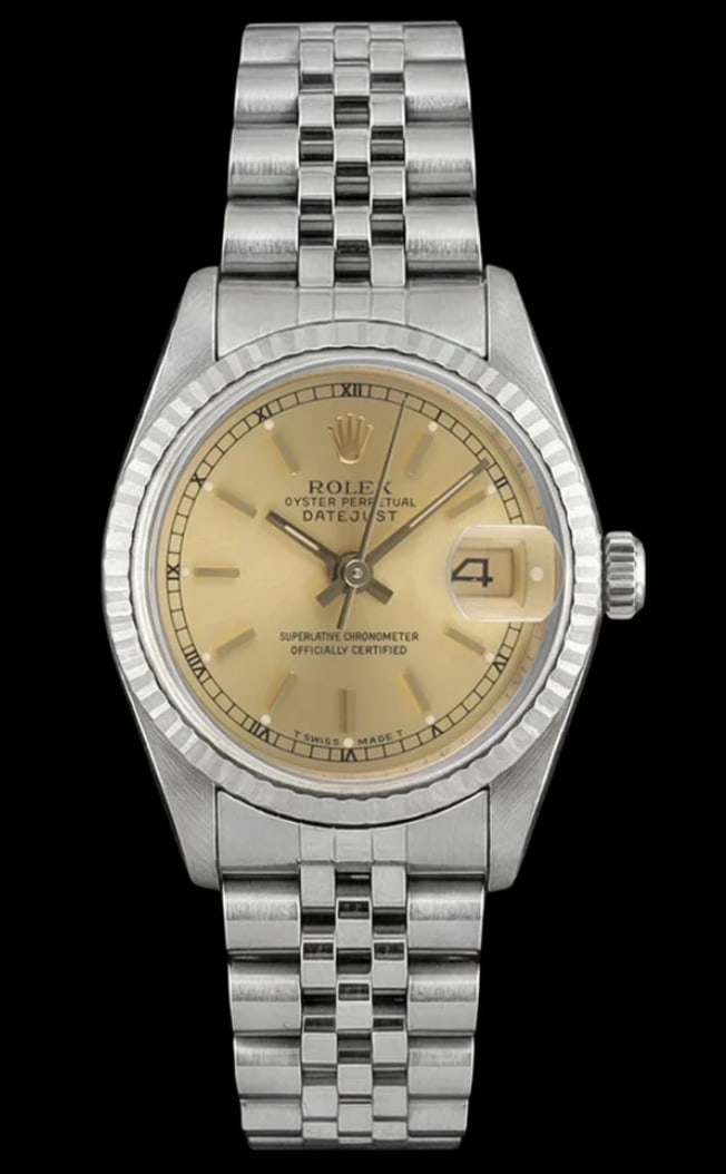 Rolex 69174 Datejust Lady watch champagne stick dial Jubilee papers: Rolex 69174 Datejust Lady watch champagne stick dial Jubilee papers Rolex Datejust Lady wristwatch featuring a champagne stick dial, fluted bezel, and Jubilee bracelet. This ladies model is reference 