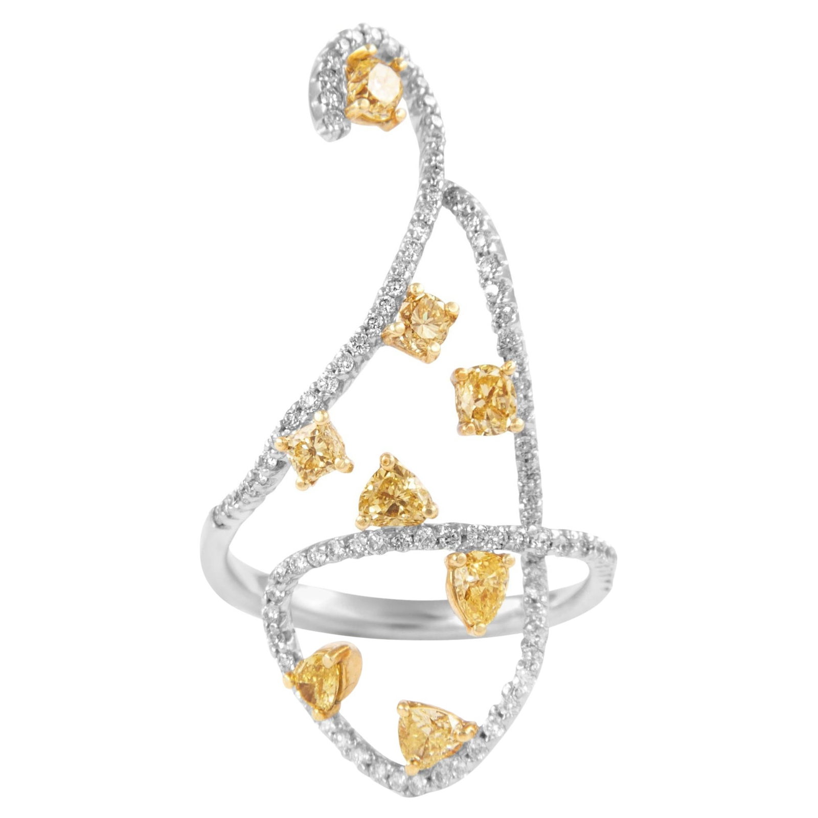 1.40ct Multi Yellow Diamond Floral Cluster Ring 18k Two-Tone Gold: 1.40ct Multi Yellow Diamond Floral Cluster Ring 18k Two-Tone Gold This stunning multi-yellow diamond cluster ring features a unique floral motif and is crafted in luxurious 18k two-tone gold, combinin