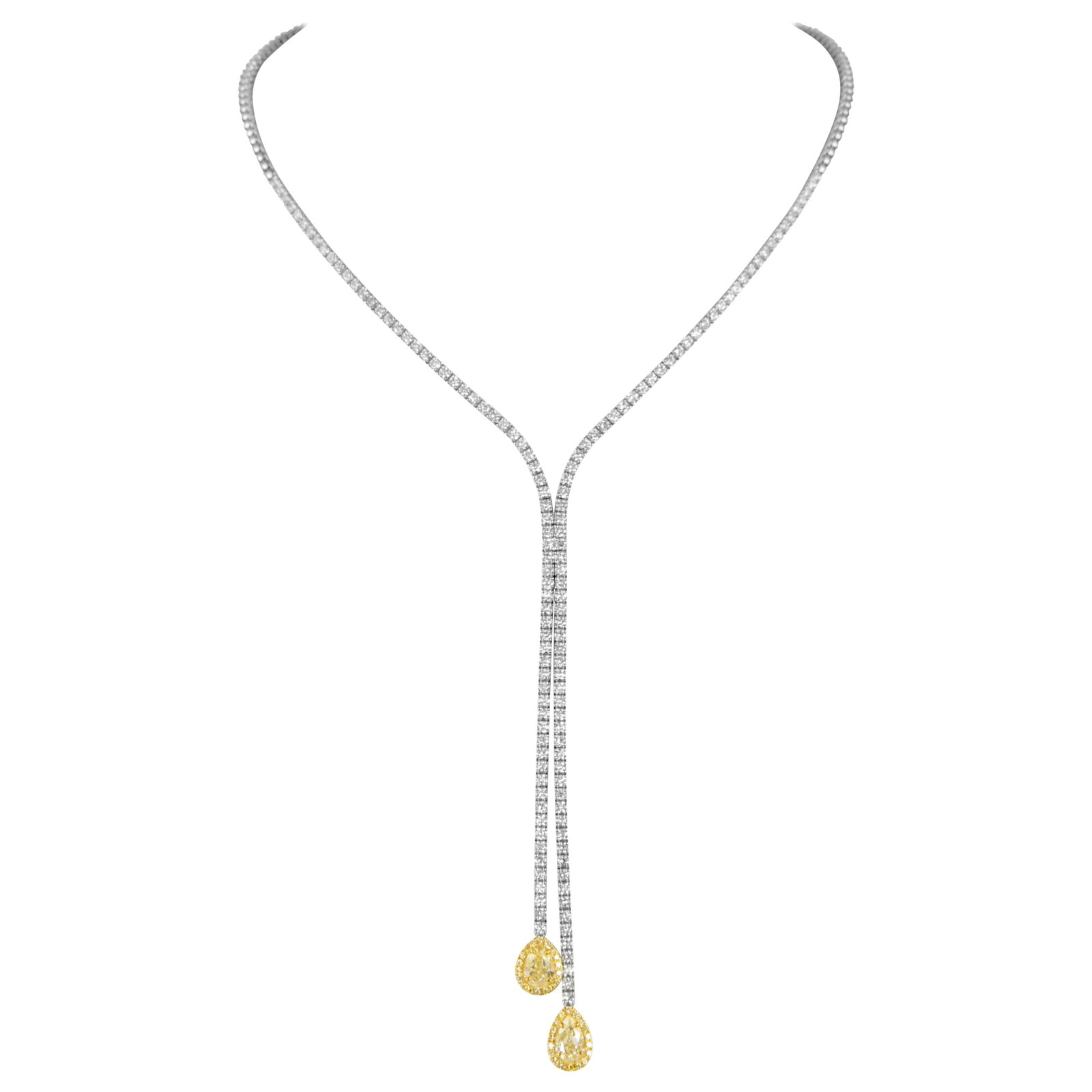 18k Gold Fancy Yellow Diamond Drop Necklace 5.92ct: 18k Gold Fancy Yellow Diamond Drop Necklace 5.92ct Contemporary drop necklace featuring pear-cut fancy yellow and white diamonds in an 18k yellow and white gold setting. The design includes a pear-sha