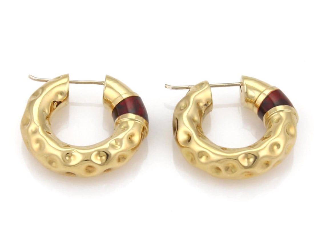 Vintage 18k Yellow Gold Hammered Hoop Earrings with Enamel (1 of 4)