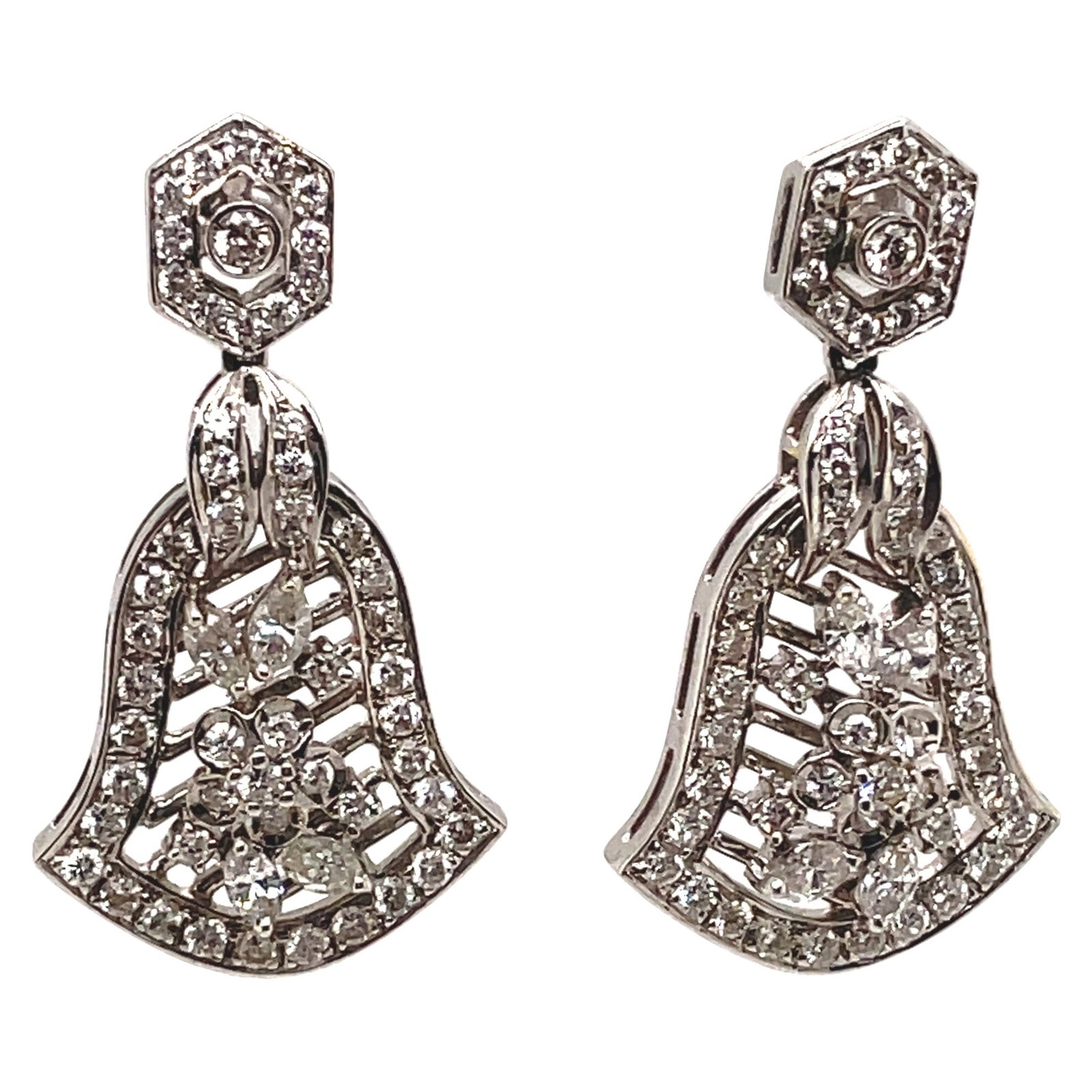 18k White Gold Chandelier Earrings Art Deco Bell Motif 2ct Diamonds (1 of 5)