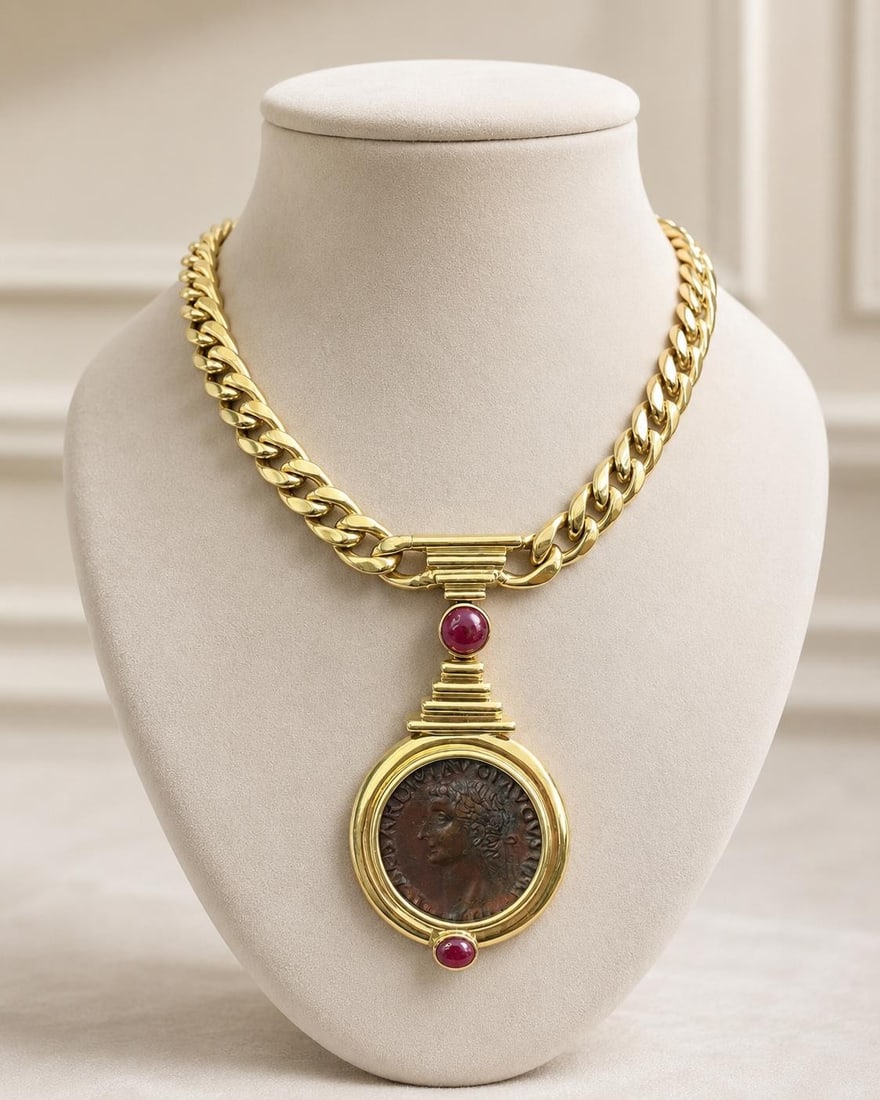 14k Yellow Gold Curb Link Necklace with Ancient Roman Coin and Ruby Pendant: 14k Yellow Gold Curb Link Necklace with Ancient Roman Coin and Ruby Pendant Vintage necklace featuring an ancient Roman coin pendant accented with two natural rubies. The curb link necklace is crafted