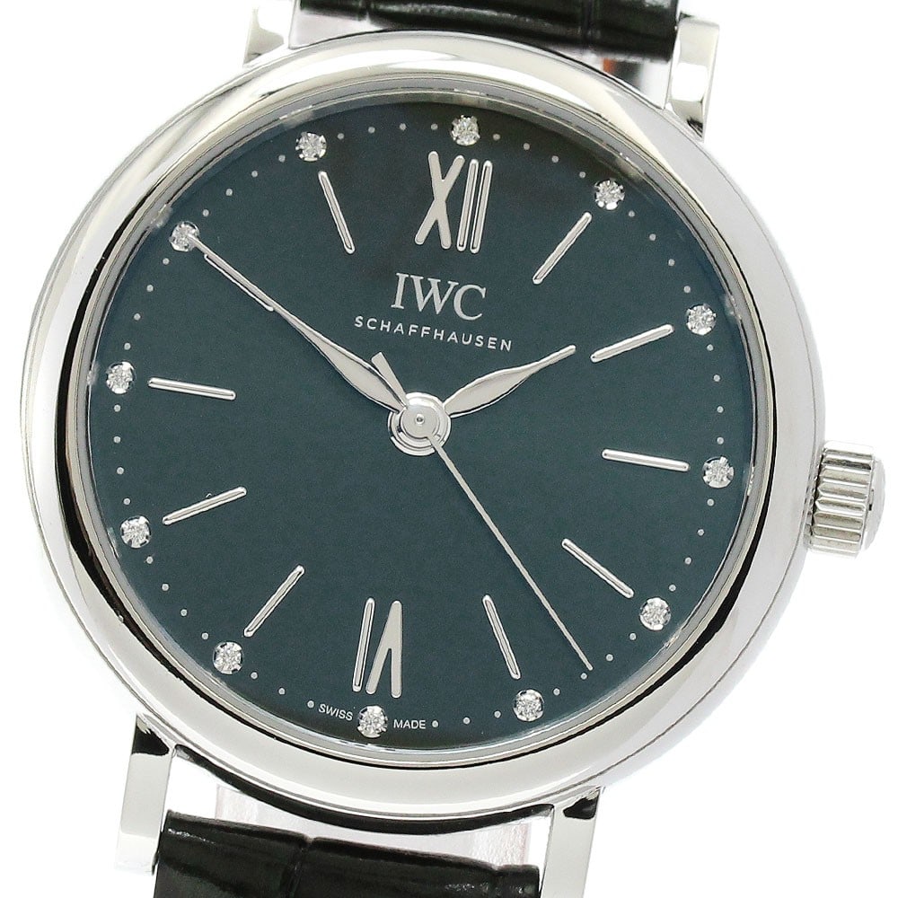 IWC Portofino Automatic 34 Ladies Watch IW357405 Diamond Dial: IWC Portofino Automatic 34 Ladies Watch IW357405 Diamond Dial IWC Schaffhausen Portofino Automatic 34 ladies wristwatch with a moss green dial and automatic movement. This watch-only offering shows mi