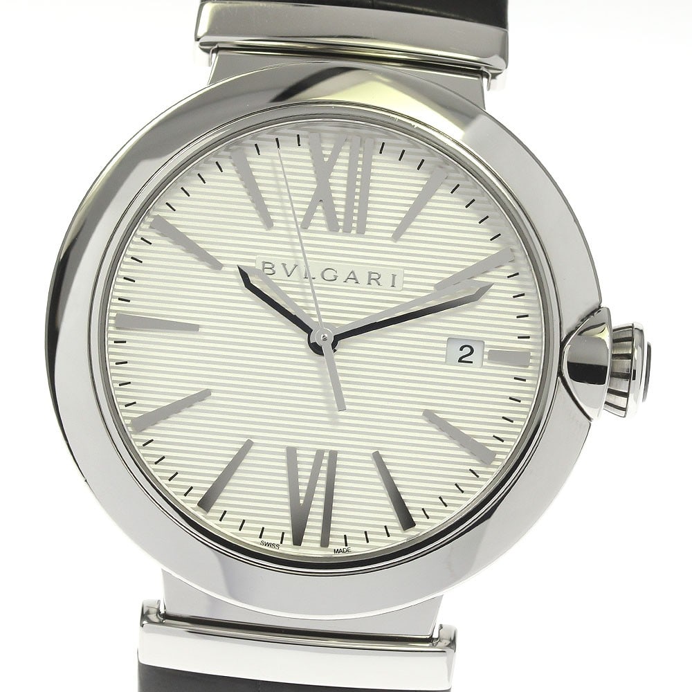 BVLGARI Lucea LU40S automatic date mens wristwatch steel 40mm: BVLGARI Lucea LU40S automatic date mens wristwatch steel 40mm BVLGARI Lucea automatic men's wristwatch with date display. This watch features a silver dial, stainless steel case, and leather strap. It