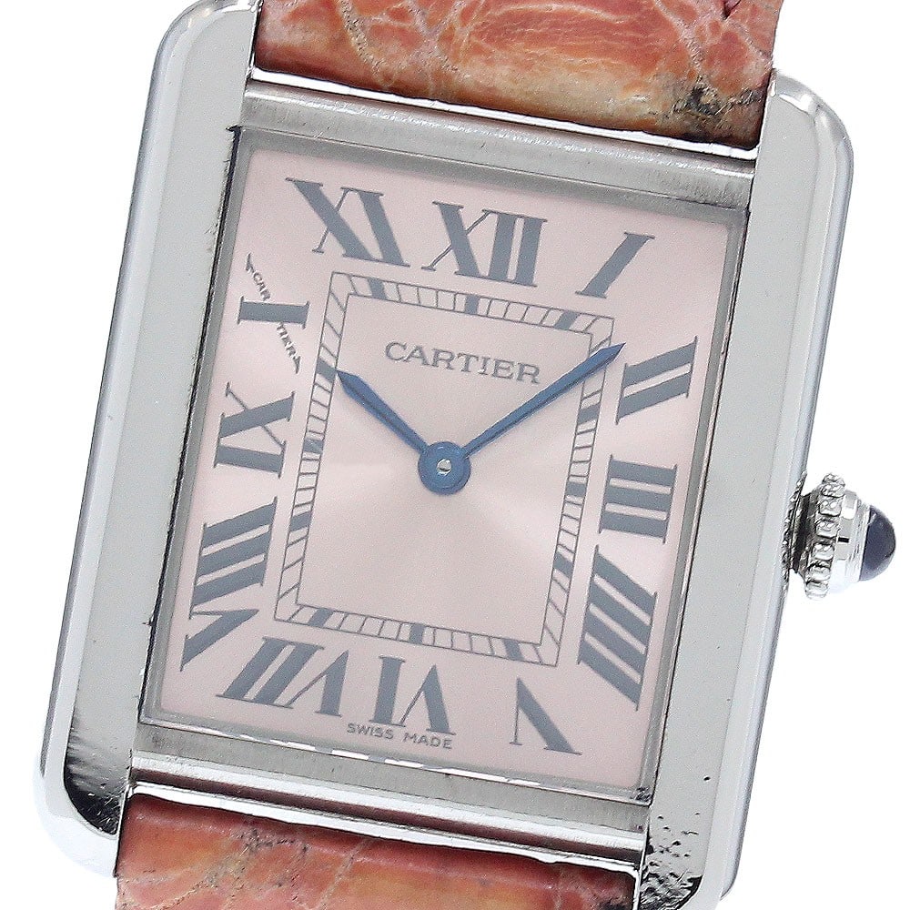Cartier Tank Solo SM Women's Quartz Wristwatch Ref W5200000: Cartier Tank Solo SM Women's Quartz Wristwatch Ref W5200000 Cartier Tank Solo SM quartz women's wristwatch with a stainless steel case, pink dial, and leather strap. The watch shows overall wear consi