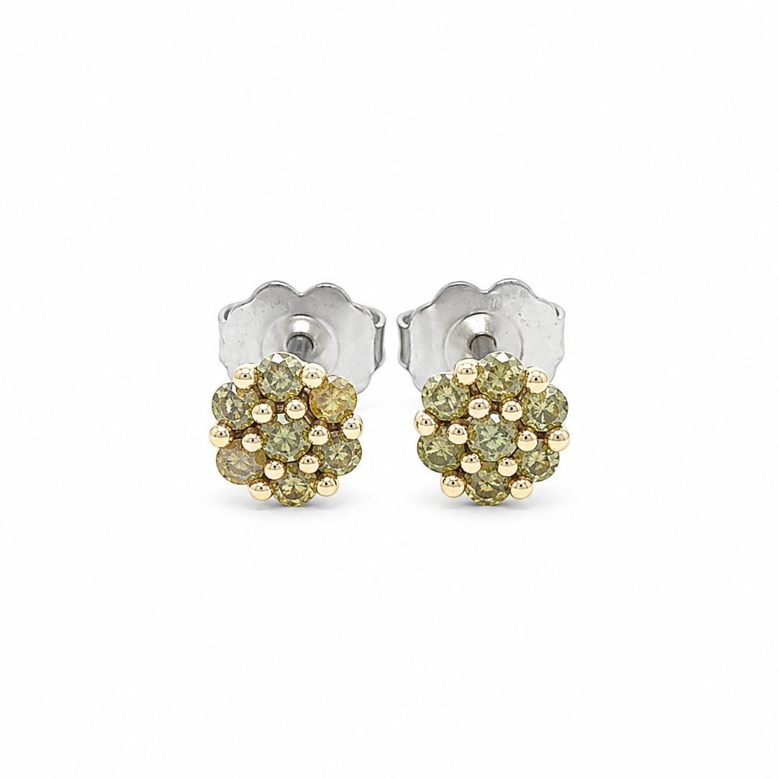 Petite Flower Stud Earrings 10k Yellow White Gold Yellow Diamond Cluster: Petite Flower Stud Earrings 10k Yellow White Gold Yellow Diamond Cluster Petite flower cluster stud earrings set with natural genuine treated yellow diamonds in a two-tone gold design. These pierced e