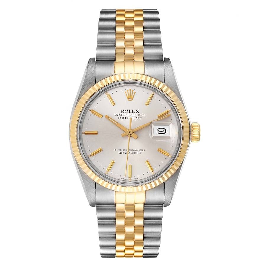 Rolex Datejust Ref. 16013 Mens Watch Fluted Bezel D-Link Jubilee: Rolex Datejust Ref. 16013 Mens Watch Fluted Bezel D-Link Jubilee Rolex Datejust wristwatch featuring a silver and gold stick dial, fluted bezel, and D-Link Jubilee bracelet. This men's watch is identi