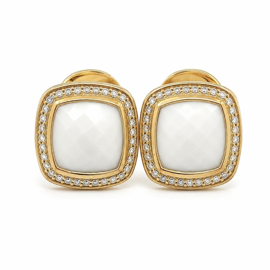 David Yurman Albion Double Omega Earrings 18k Yellow Gold White Agate Diamond: David Yurman Albion Double Omega Earrings 18k Yellow Gold White Agate Diamond Pre-owned David Yurman Albion Double Omega earrings crafted in solid 18k yellow gold. This pair features two natural white