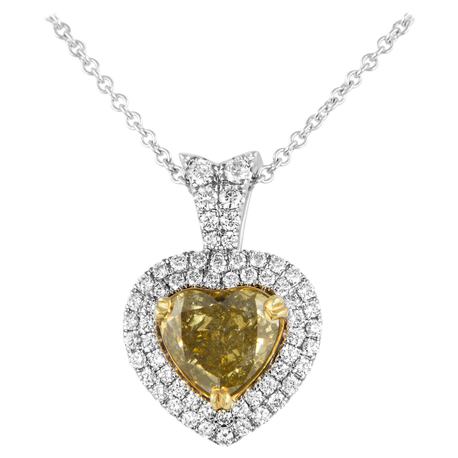 18k Two Tone Diamond Heart Pendant Necklace GIA 4.08ct: 18k Two Tone Diamond Heart Pendant Necklace GIA 4.08ct Contemporary heart-shaped diamond halo pendant necklace featuring a GIA-certified 3.16 ct Fancy Deep Brownish Greenish Yellow heart-cut center di