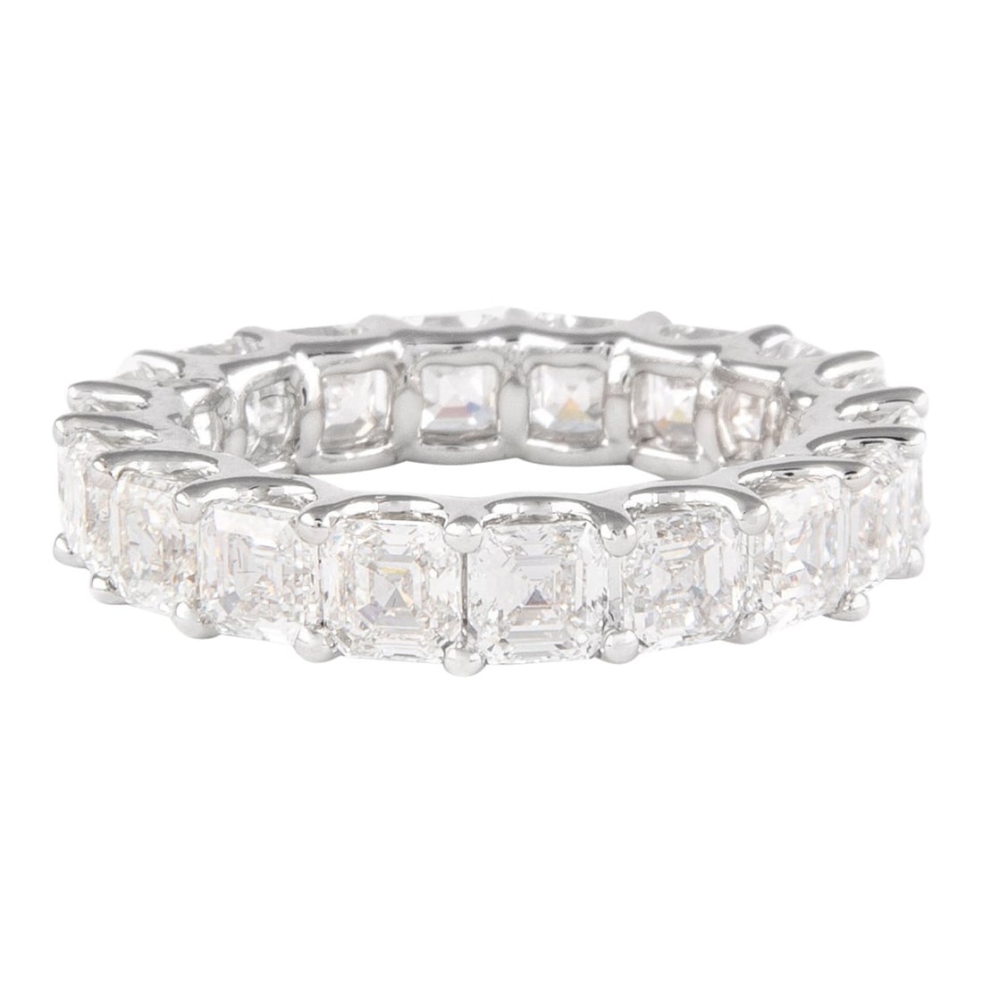 18k White Gold Eternity Ring 5.48ct Asscher Diamond 5.5: 18k White Gold Eternity Ring 5.48ct Asscher Diamond 5.5 Asscher cut diamond eternity band set with 18 diamonds totaling 5.48 ct, graded D/E color and VVS clarity. Crafted in 18k white gold in a modern