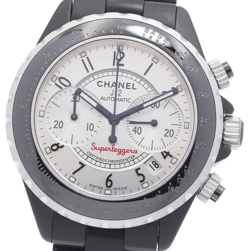 CHANEL J12 Superleggera mens automatic chronograph watch H2934 41mm: CHANEL J12 Superleggera mens automatic chronograph watch H2934 41mm CHANEL J12 Chromatic men's wristwatch with automatic movement and date display. This watch-only offering features a silver dial and 