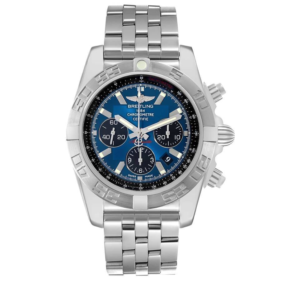 Breitling AB011012 Chronomat mens watch blue dial steel bracelet papers: Breitling AB011012 Chronomat mens watch blue dial steel bracelet papers Breitling Chronomat men's wristwatch with a blue dial, rotating bezel, and stainless steel bracelet. This example is reference A