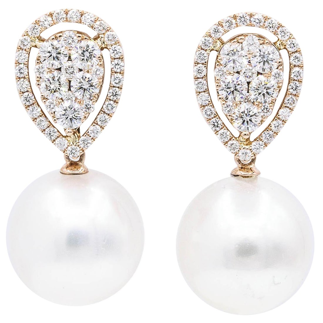 18K Rose Gold South Sea Pearl Diamond Drop Earrings: 18K Rose Gold South Sea Pearl Diamond Drop Earrings A pair of modern dangle drop earrings crafted in 18k rose gold, featuring a pear-shaped cluster design set with round cut diamonds and South Sea pea