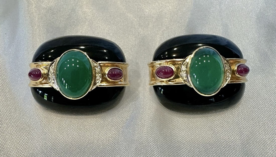 Pair of French 14k Yellow Gold Cuff Huggie Earrings Ruby Onyx Chalcedony Diamond: Pair of French 14k Yellow Gold Cuff Huggie Earrings Ruby Onyx Chalcedony Diamond Magnificent pair of French earrings crafted in 14k yellow gold, featuring ruby, diamond, green chalcedony, and onyx. De