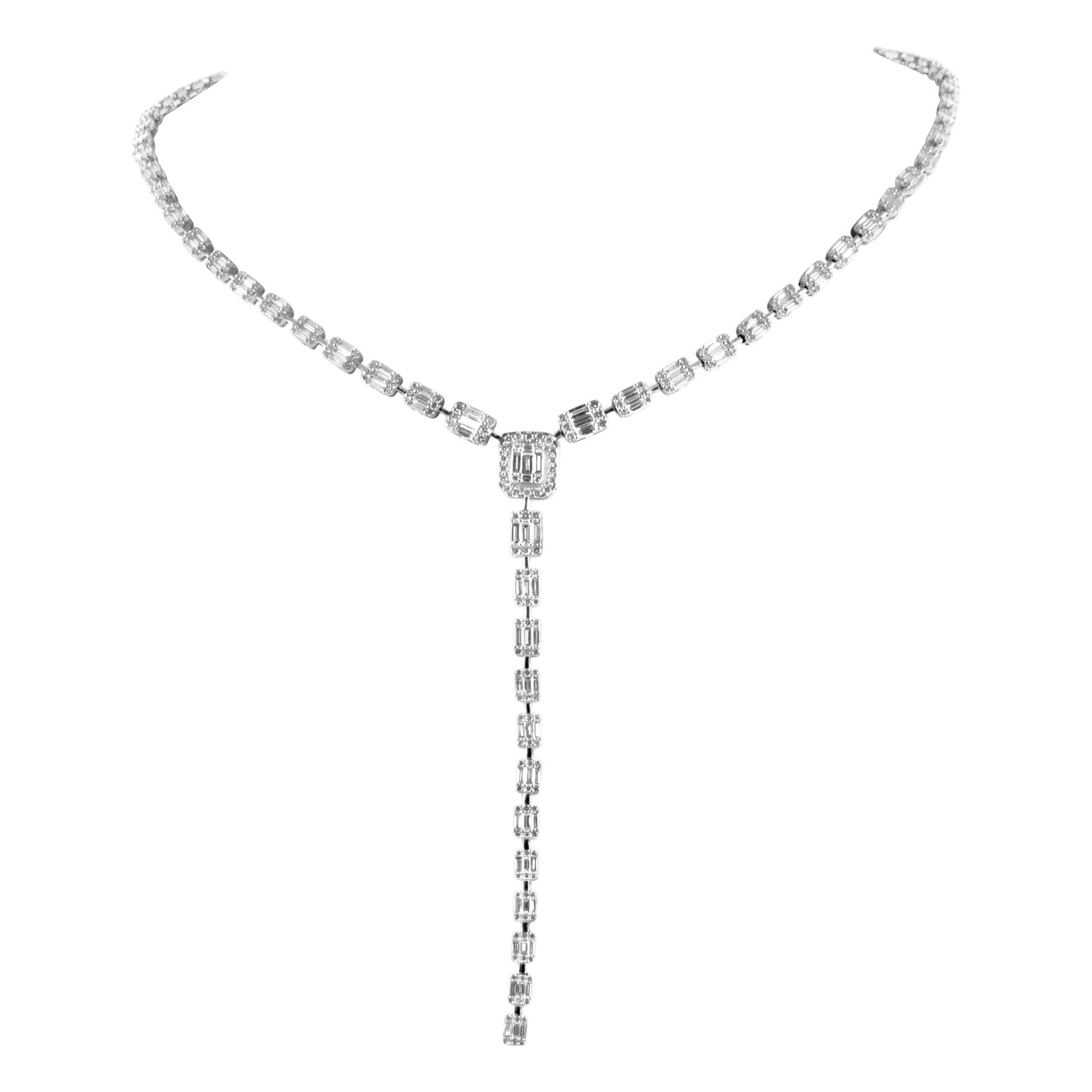 Diamond Drop Necklace 7.12ct 18k White Gold 16in: Diamond Drop Necklace 7.12ct 18k White Gold 16in Un-used contemporary diamond drop necklace in 18k white gold featuring a natural diamond illusion-set design with round, princess, and baguette cut whi