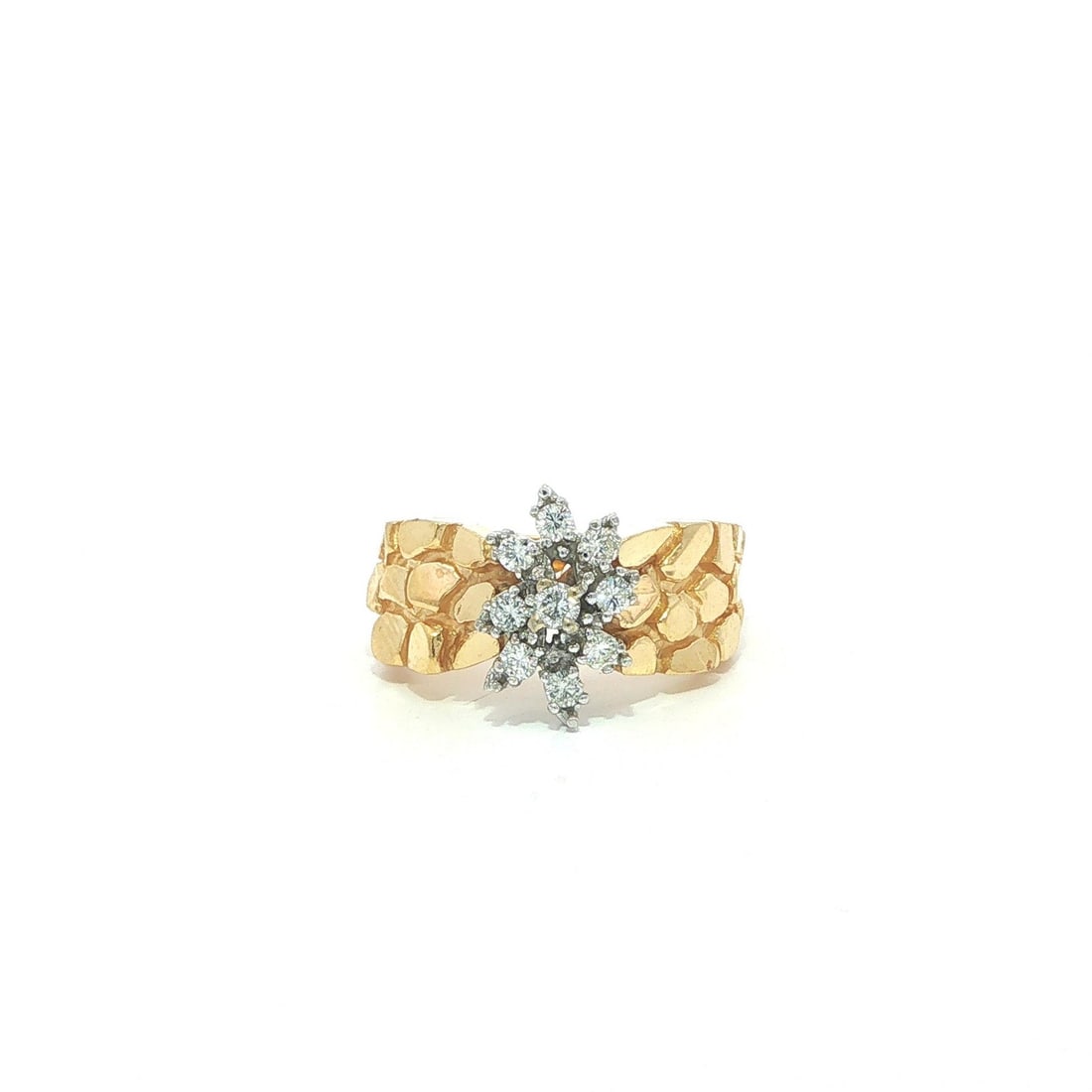 14k Two Tone Gold Diamond Cluster Wide Band Ring Size 5.5: 14k Two Tone Gold Diamond Cluster Wide Band Ring Size 5.5 Pre-owned women's cocktail ring crafted in solid 14k yellow gold with a white gold top, featuring a textured nugget-style wide band design. Th