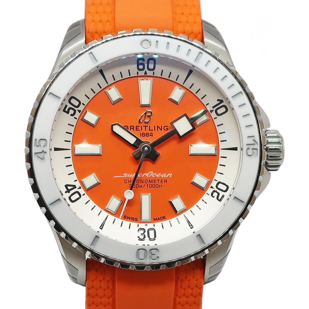 Breitling A17377 Superocean Automatic 36 Unisex Orange Dial Watch: Breitling A17377 Superocean Automatic 36 Unisex Orange Dial Watch Breitling Superocean Automatic 36 wristwatch with a compact, sporty design and diver-style construction. This un-used example retains 