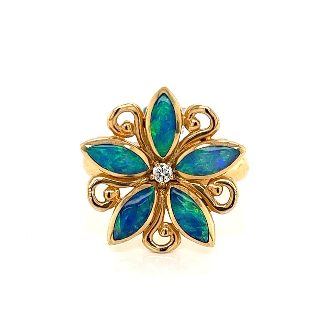 Kabana Floral Cocktail Ring 14k Yellow Gold Fire Opal Diamond Size 7.5: Kabana Floral Cocktail Ring 14k Yellow Gold Fire Opal Diamond Size 7.5 Pre-owned Kabana floral cocktail ring crafted in 14k yellow gold, featuring a natural fire opal centerpiece with natural diamond 