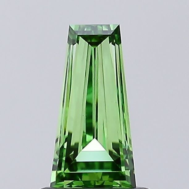Loose Diamond - TAPERED BAGUETTE 0.86ct Fancy Vivid Green VVS2: Loose Diamond - TAPERED BAGUETTE 0.86ct Fancy Vivid Green VVS2 Source: This is a real non-mined Diamond that has been grown in a lab Shape: TAPERED BAGUETTE Carats: 0.86 Color: Fancy Vivid Green