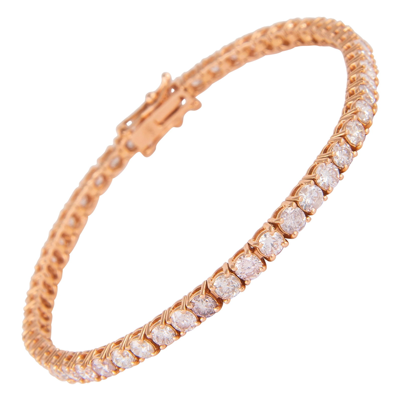 14k Rose Gold Diamond Tennis Bracelet 5.55ct 7 in: 14k Rose Gold Diamond Tennis Bracelet 5.55ct 7 in Diamond tennis bracelet set with 53 round brilliant diamonds totaling 5.55 ct in a four-prong 14k rose gold setting. The diamonds are approximately Ve