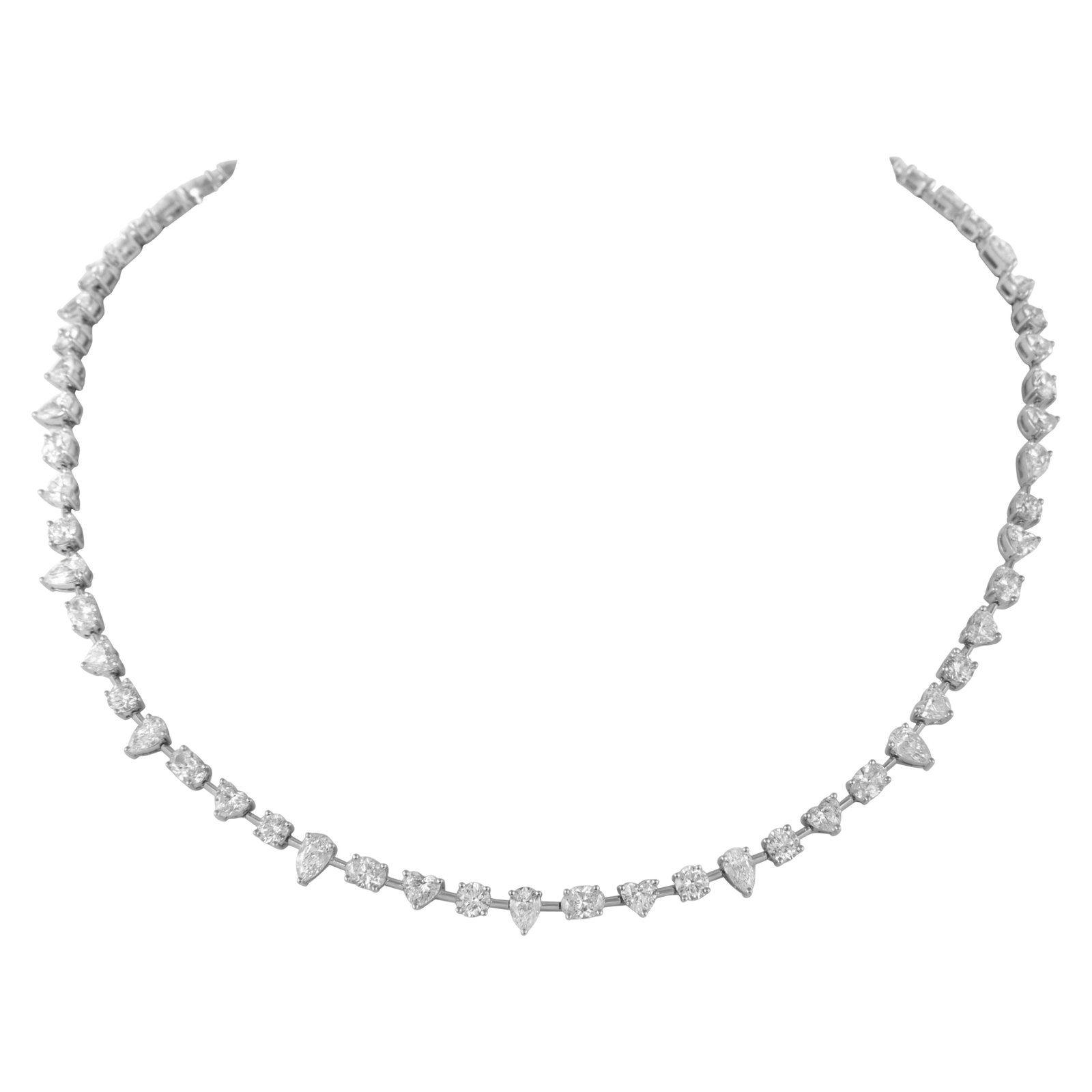 18k White Gold 15.28ct Diamond Tennis Necklace: 18k White Gold 15.28ct Diamond Tennis Necklace Contemporary mixed diamond tennis necklace featuring alternating natural diamonds in heart, pear, oval, and round brilliant cuts. Crafted in 18k white go