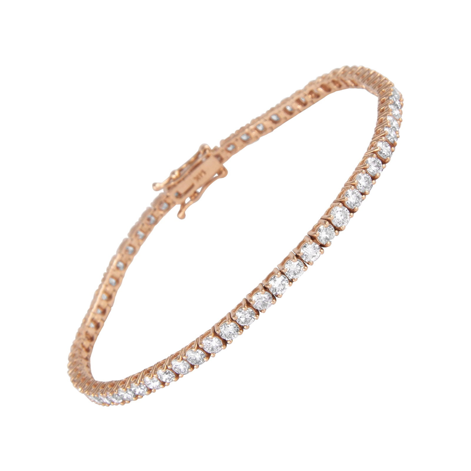 14k Rose Gold 4.35ct Diamond Tennis Bracelet: 14k Rose Gold 4.35ct Diamond Tennis Bracelet Contemporary diamond tennis bracelet set with 63 round brilliant white diamonds totaling 4.35 ct. The diamonds are four-prong set in 14k rose gold. Un-used