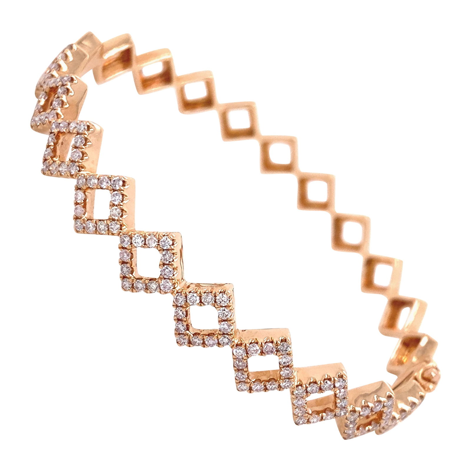 18k Rose Gold Diamond Bangle Bracelet 1.25ct: 18k Rose Gold Diamond Bangle Bracelet 1.25ct Contemporary diamond bangle bracelet in 18k rose gold, set with 120 round white diamonds totaling 1.25 ct. The diamonds are approximately F/G color and SI 
