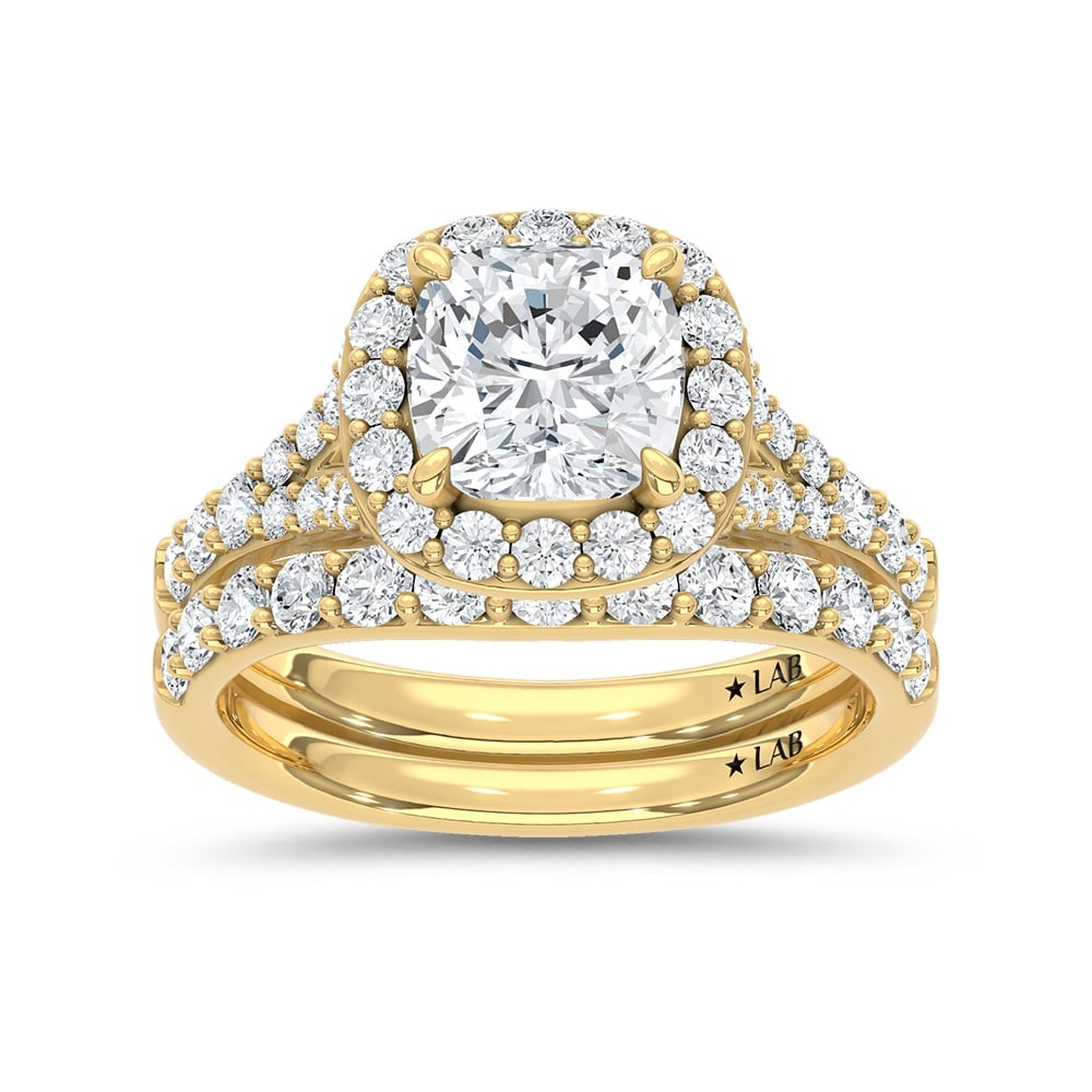 14K Yellow Gold 3 Ct.Tw. Lab Grown Diamond Cushion Shape Bridal Ring (IGI Certified Center 2ct): 14K Yellow Gold 3 Ct.Tw. Lab Grown Diamond Cushion Shape Bridal Ring (IGI Certified Center 2ct) 14k Yellow Gold Stone Color: D-f Stone Clarity: Vs Each ring is presented in standard size 6.5. Complime