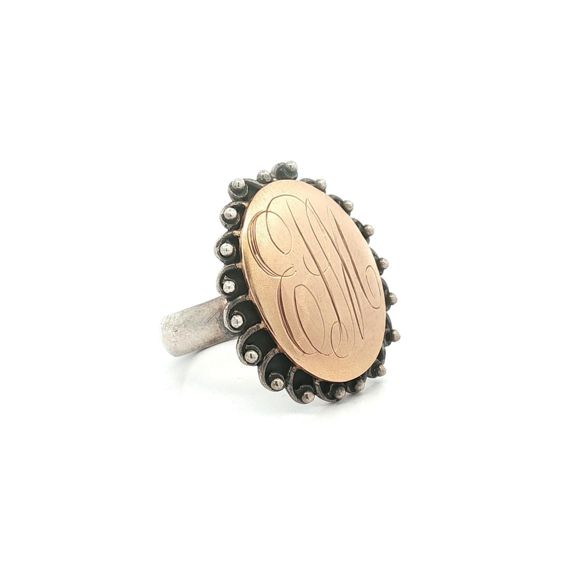 EPM Monogram Cocktail Ring Sterling Silver 10k Yellow Gold: EPM Monogram Cocktail Ring Sterling Silver 10k Yellow Gold Antique handmade cocktail ring featuring an "EPM" monogram platter design. Crafted in solid sterling silver with 10k yellow gold, this women'