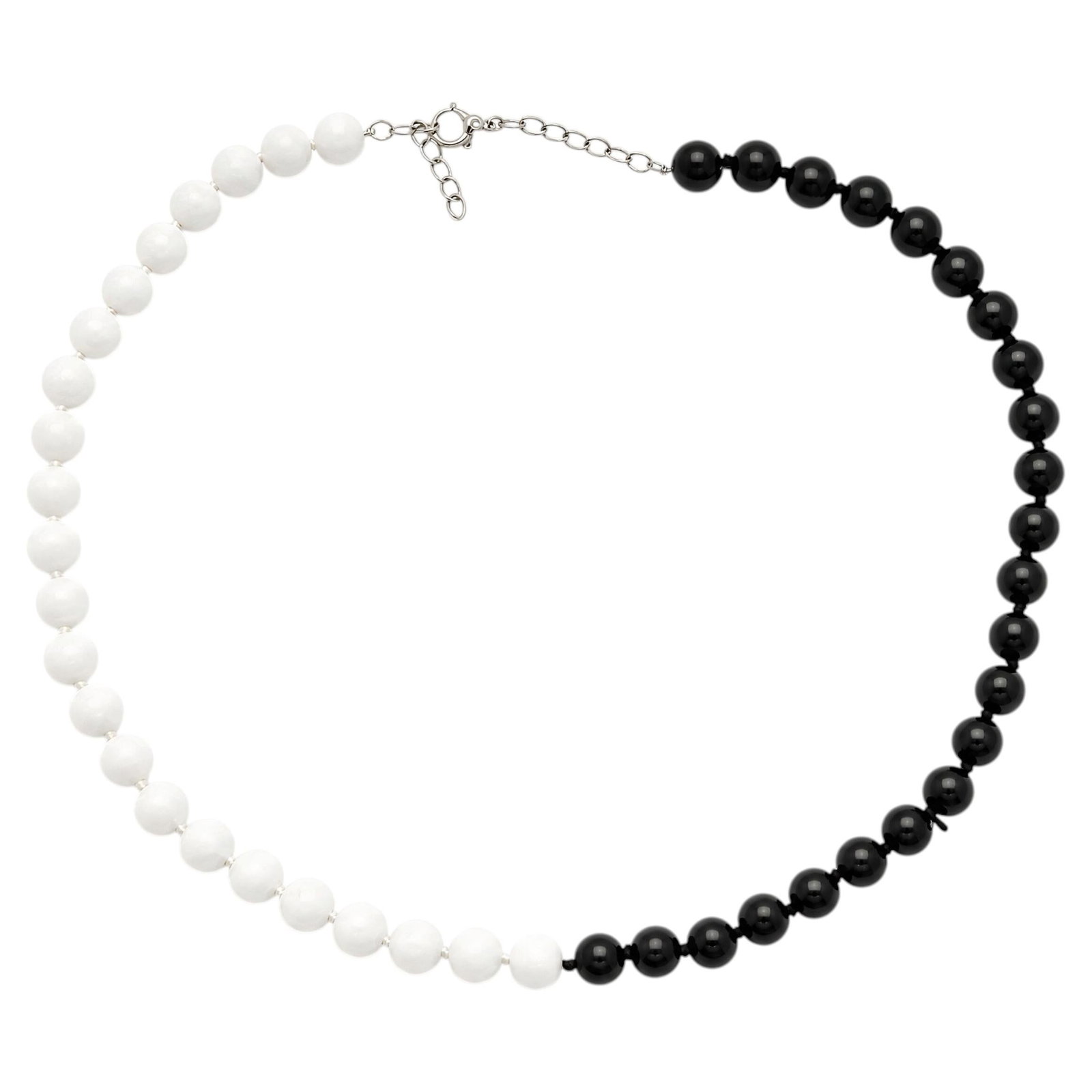 Adjustable 17.5 Inch Agate Bead Necklace in 14K Gold: Adjustable 17.5 Inch Agate Bead Necklace in 14K Gold Handcrafted with polished black and white agate beads in a balanced half-and-half design, this contemporary necklace offers a bold, clean look. It 