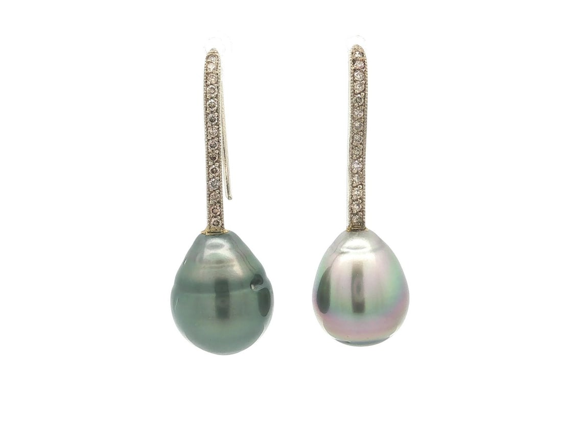 14k White Gold Tahitian Pearl Diamond Wire Hook Earrings (1 of 7)