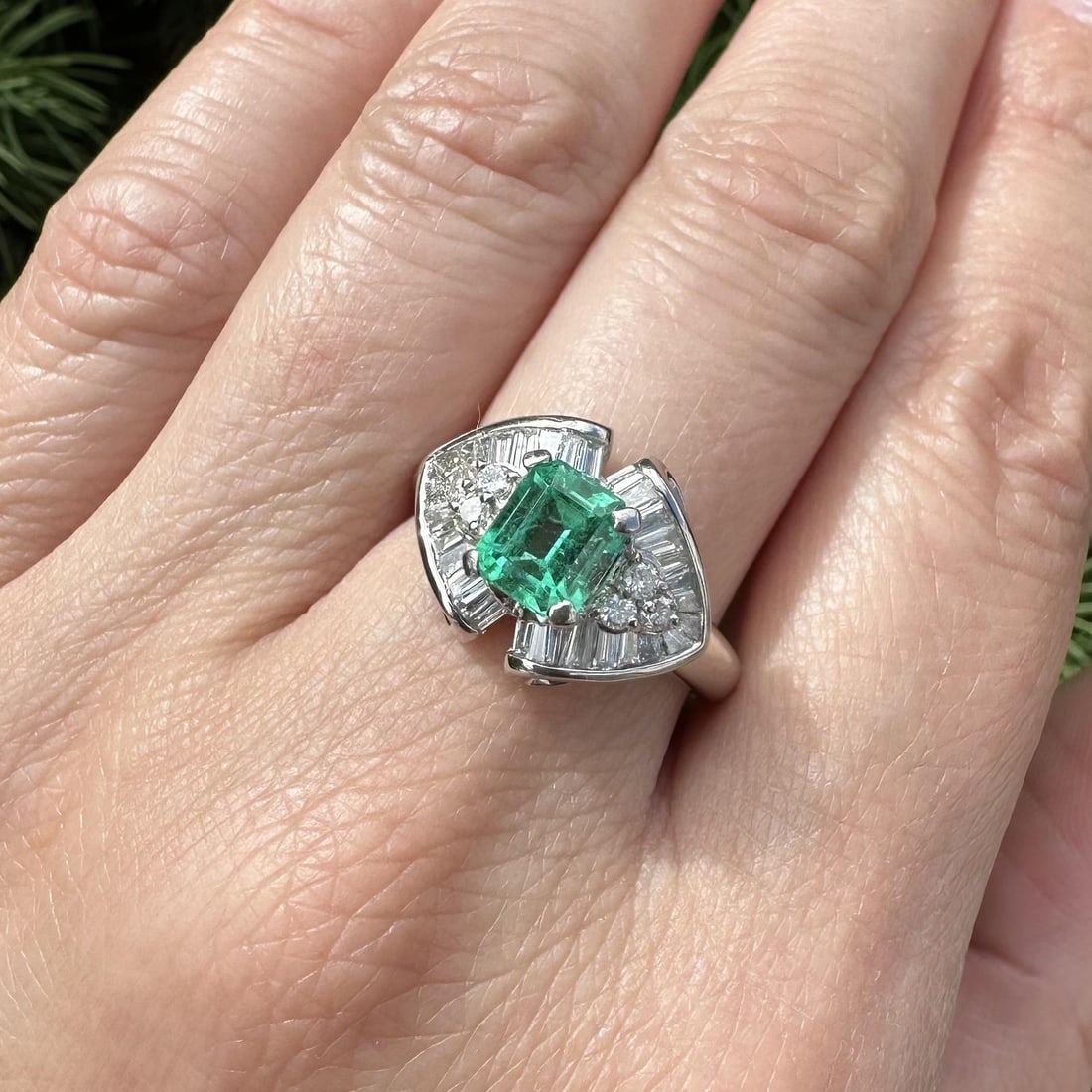 Cocktail Ring Platinum Natural Emerald and Diamond 1.96ctw Size 9: Cocktail Ring Platinum Natural Emerald and Diamond 1.96ctw Size 9 Pre-owned cocktail ring featuring a natural genuine emerald accented by numerous natural genuine round brilliant and baguette cut diam