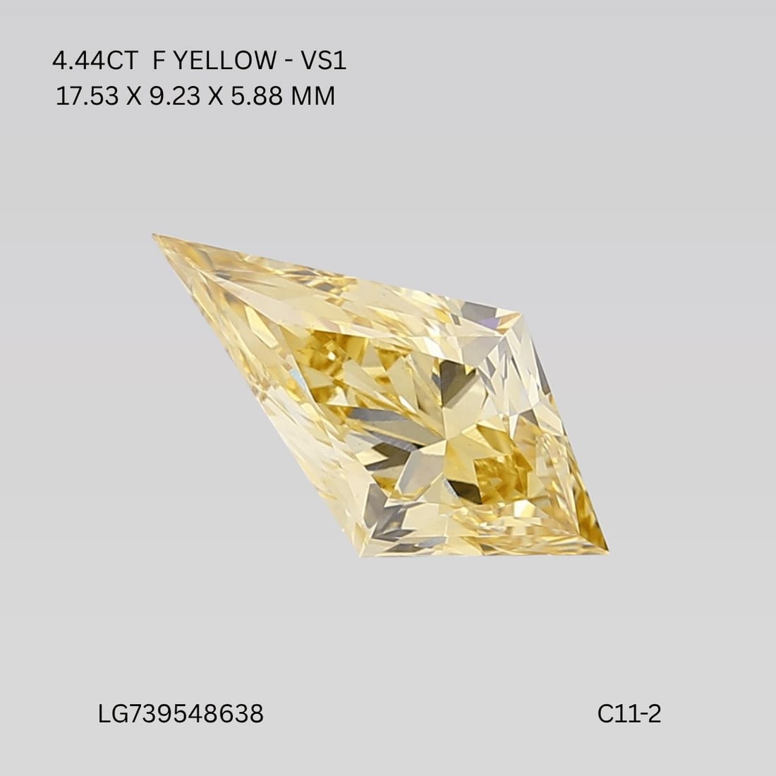 Loose Diamond - KITE 4.44ct Fancy Intense Yellow VS1: Loose Diamond - KITE 4.44ct Fancy Intense Yellow VS1 Source: This is a real non-mined Diamond that has been grown in a lab Shape: KITE Carats: 4.44 Color: Fancy Intense Yellow Certification: IGI Video