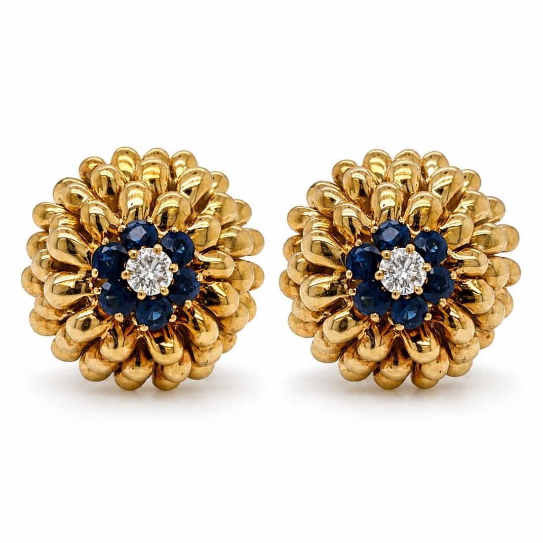 18K Yellow Gold Sapphire Diamond Earrings 1960s with Original Box (1 of 6)