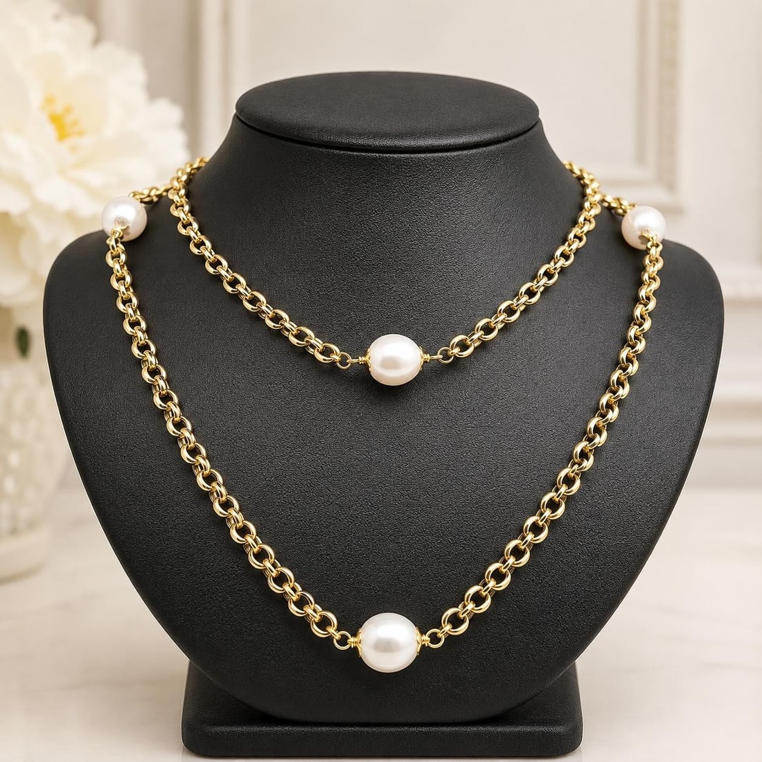 36 inch Italian 18k gold pearl station rolo link necklace: 36 inch Italian 18k gold pearl station rolo link necklace Italian-made long chain necklace in solid 18k yellow gold with a rolo link design and white pearl stations. This women's necklace features sev