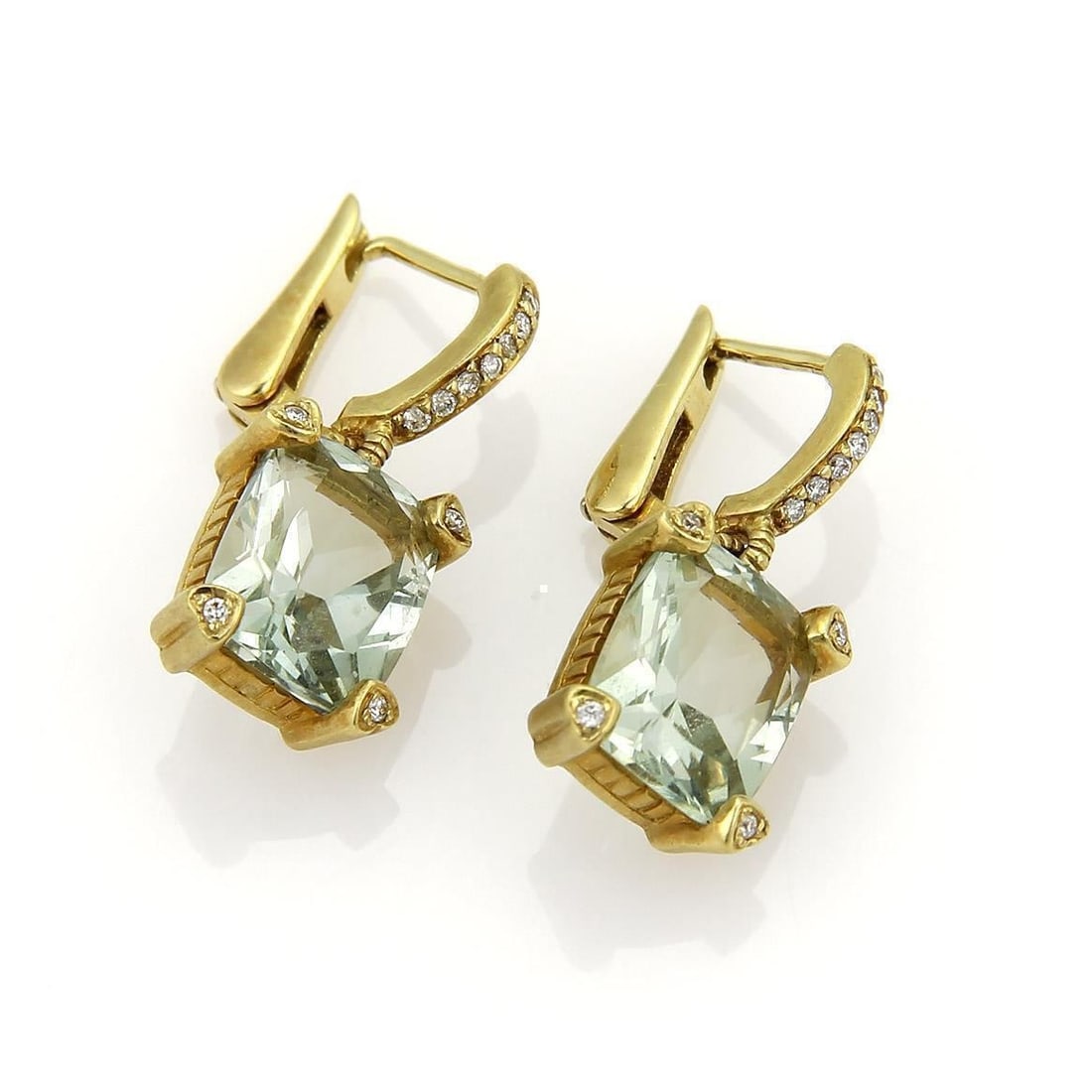 Judith Ripka 18k Yellow Gold Prasiolite Diamond Drop Earrings: Judith Ripka 18k Yellow Gold Prasiolite Diamond Drop Earrings Pre-owned Judith Ripka drop dangle earrings in 18k yellow gold, featuring prasiolite gemstones accented with diamonds. The elongated desig