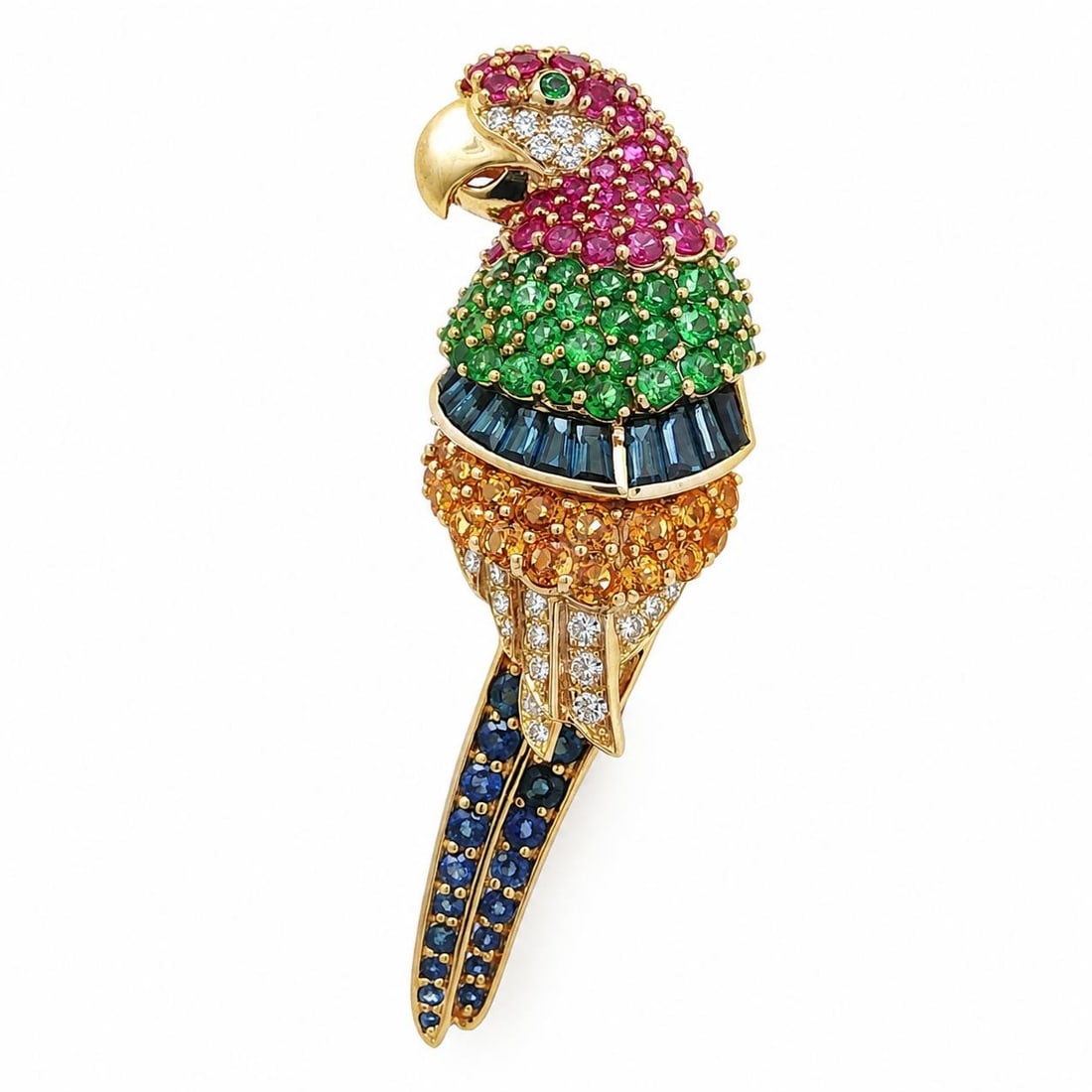 Jean Vitau Parrot Bird Brooch 18k Yellow Gold Diamond Ruby Sapphire Tsavorite (1 of 11)