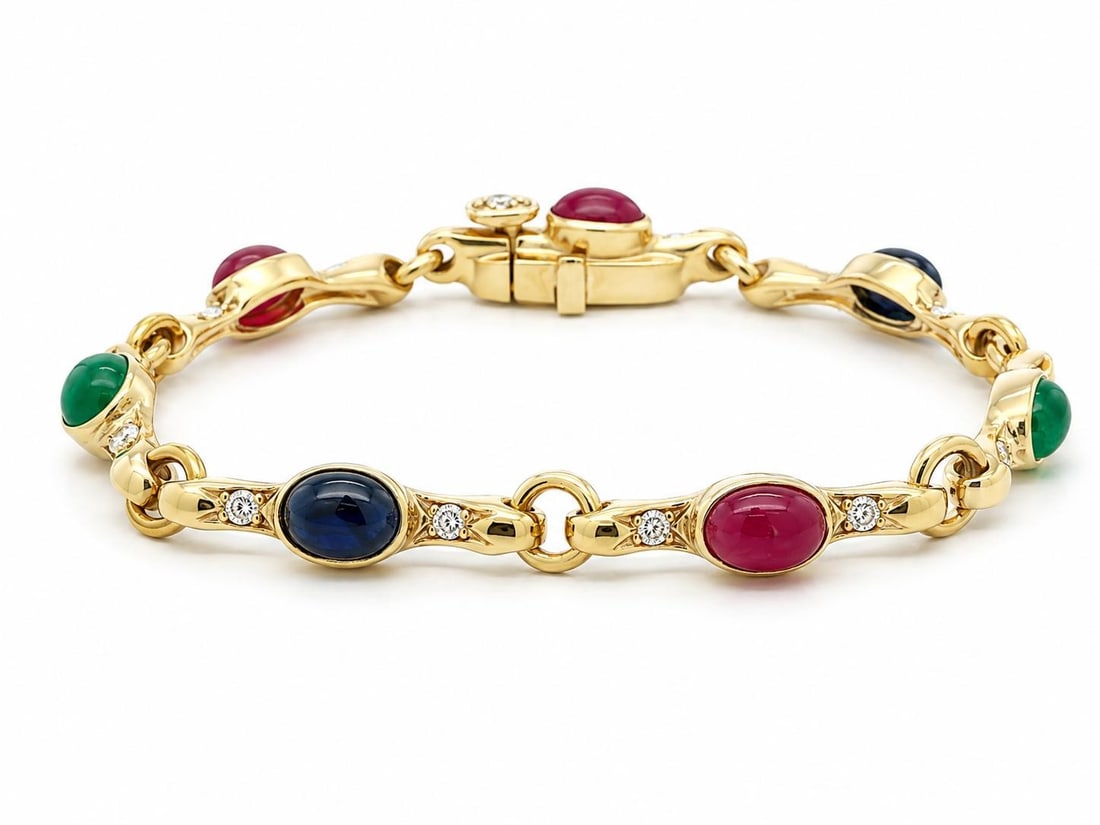 18k Yellow Gold Link Bracelet with Rubies Sapphires Emeralds Diamonds: 18k Yellow Gold Link Bracelet with Rubies Sapphires Emeralds Diamonds Pre-owned link bracelet crafted in solid 18k yellow gold and set with natural genuine rubies, sapphires, emeralds, and diamonds. T
