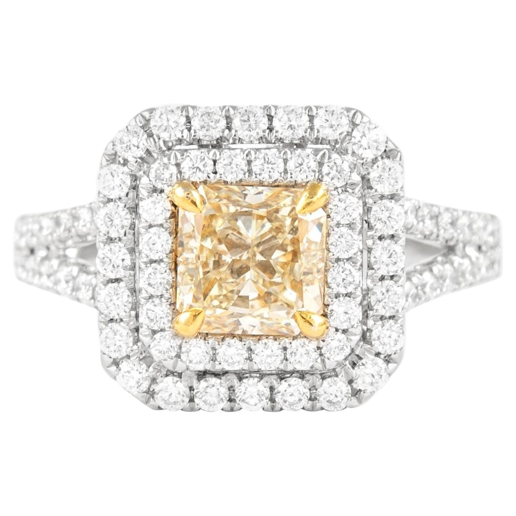 Fancy Yellow VS1 Diamond Ring 2.25ctt Double Halo 18k: Fancy Yellow VS1 Diamond Ring 2.25ctt Double Halo 18k Contemporary double halo ring featuring an EGL-certified Fancy Yellow VS1 radiant cut diamond center, accented by round brilliant diamonds in a sp