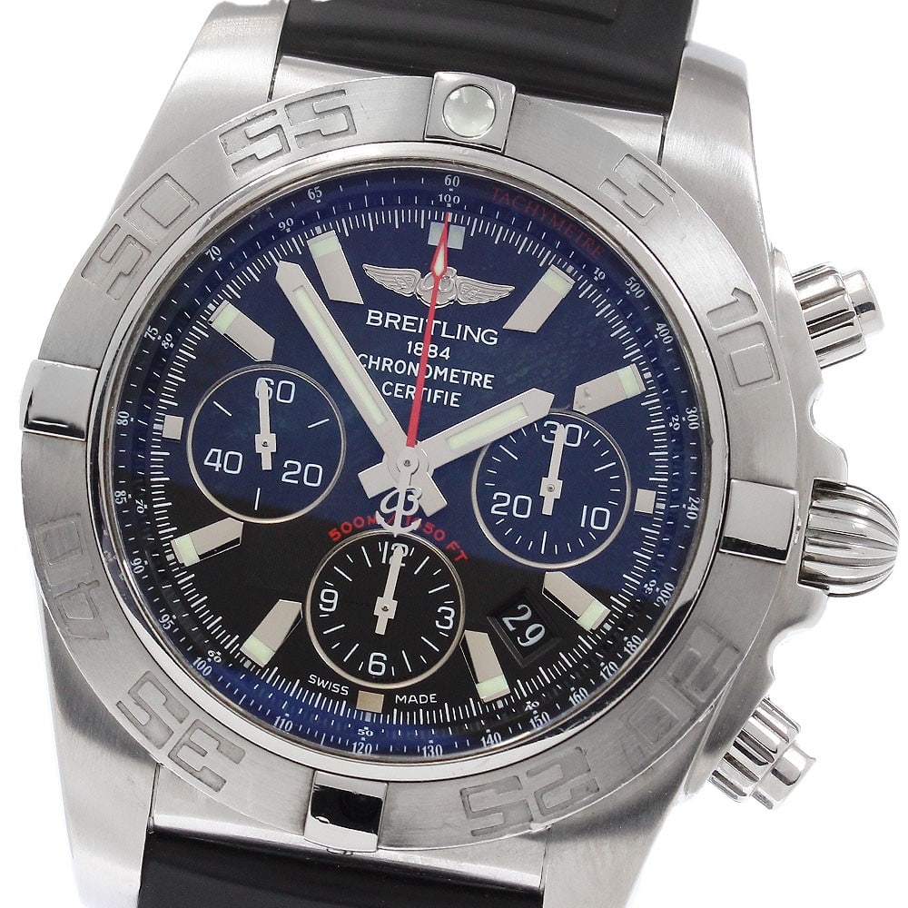 Breitling Chronomat 44 AB0110 mens automatic chronograph watch: Breitling Chronomat 44 AB0110 mens automatic chronograph watch Breitling Chronomat 44 automatic men's wristwatch with chronograph, date display, and small seconds. This Swiss-made watch features a bla