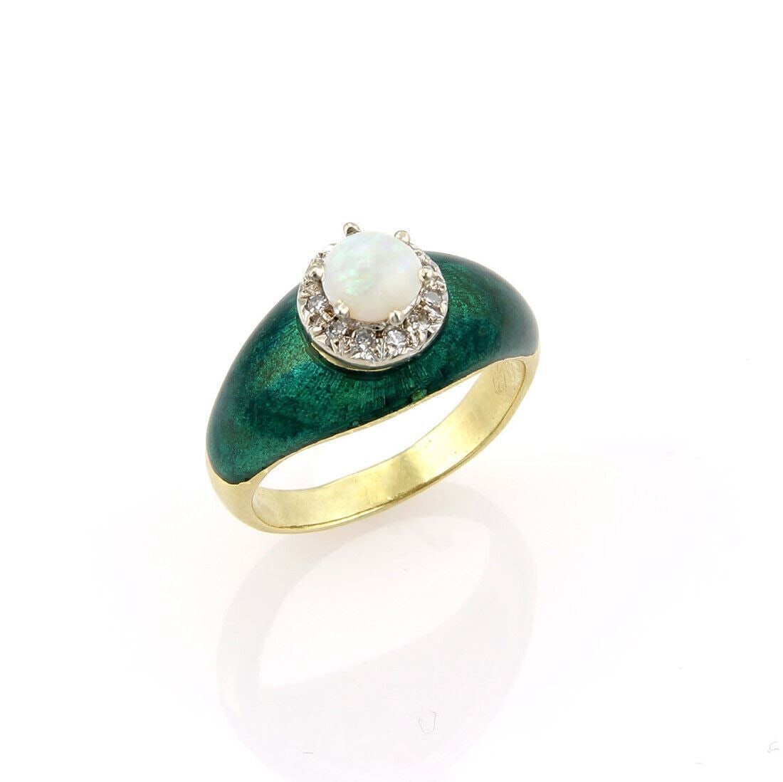 18k Yellow Gold Cocktail Ring with Opal Diamonds Green Enamel Size 8: 18k Yellow Gold Cocktail Ring with Opal Diamonds Green Enamel Size 8 Vintage estate cocktail ring crafted in 18k yellow gold, featuring a luminous opal accented by diamonds and deep green enamel detai